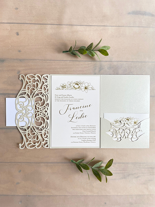 Invitation lc156: Beige Shimmer, Gold Mirror, Cream Smooth - This pocketfold lasercut is in a beige color in a rectangular shape.  The cover has the names of the bride and groom.