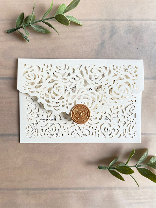 Invitation lc158: Gold Wax - This is a unique envelope lasercut invitation design with a wax seal to close the invite.