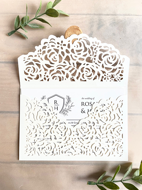 Invitation lc158: Gold Wax - This is a unique envelope lasercut invitation design with a wax seal to close the invite.