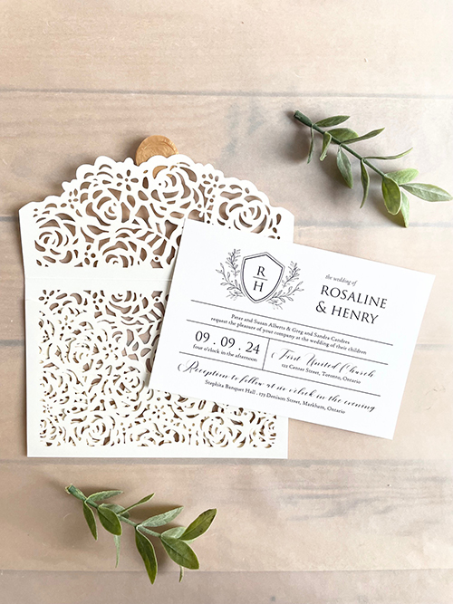 Invitation lc158: Gold Wax - This is a unique envelope lasercut invitation design with a wax seal to close the invite.