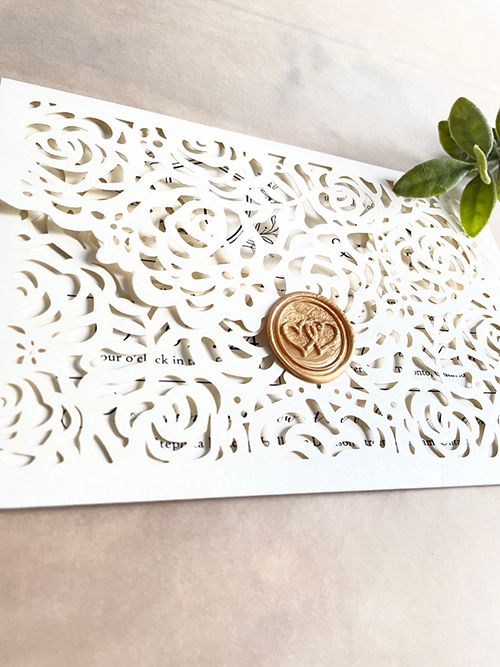 Invitation lc158: Gold Wax - This is a unique envelope lasercut invitation design with a wax seal to close the invite.