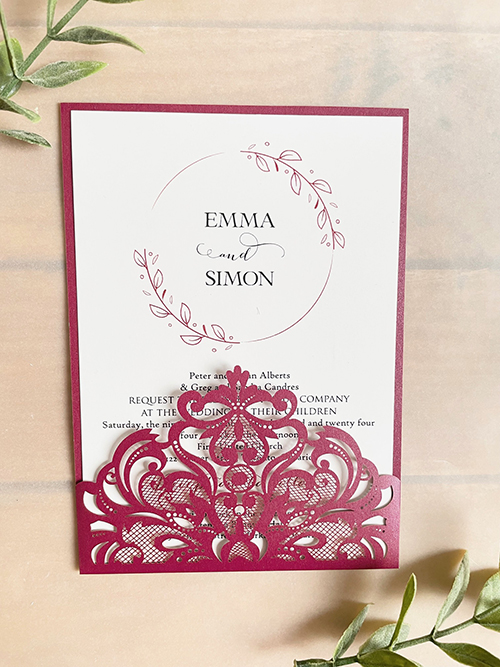 Invitation lc160:  - This is a burgundy shimmer lasercut invitation that is a single pocket design holding the invitation card inside.