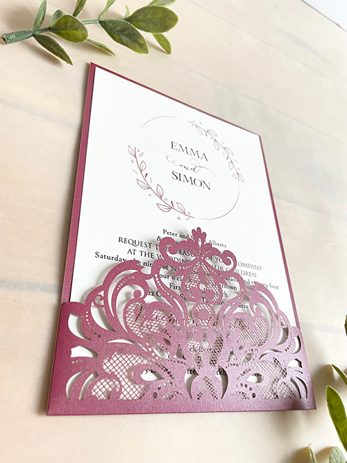Invitation lc160:  - This is a burgundy shimmer lasercut invitation that is a single pocket design holding the invitation card inside.