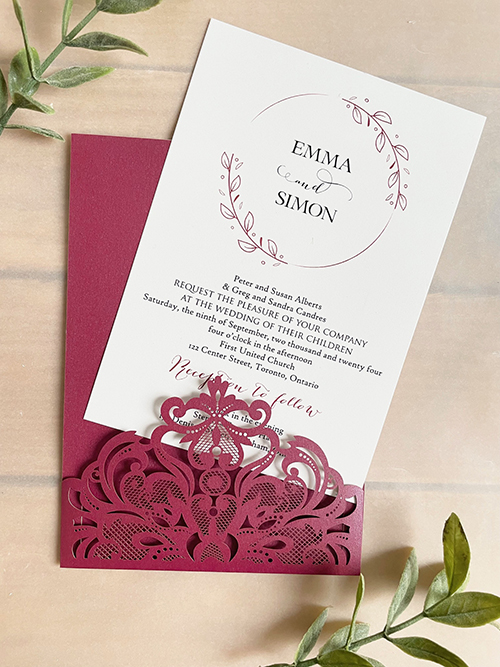 Invitation lc160:  - This is a burgundy shimmer lasercut invitation that is a single pocket design holding the invitation card inside.