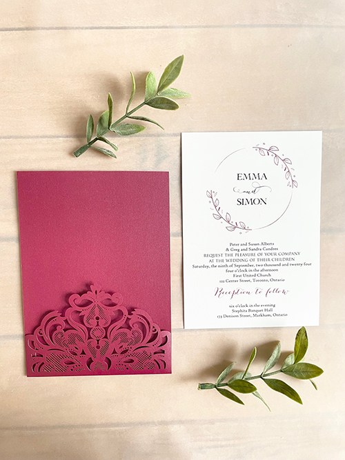 Invitation lc160:  - This is a burgundy shimmer lasercut invitation that is a single pocket design holding the invitation card inside.