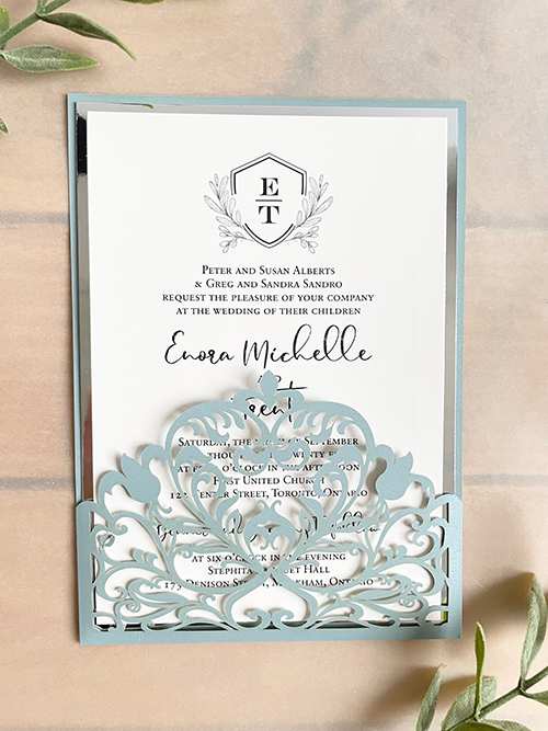 Invitation lc163: Silver Mirror - This wedding invitation design is a pocket style lasercut invite with the invitation wording card pulling out of the pocket.