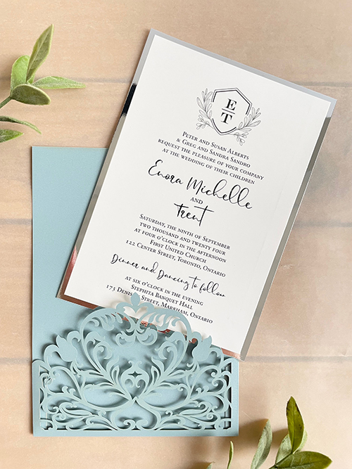 Invitation lc163: Silver Mirror - This wedding invitation design is a pocket style lasercut invite with the invitation wording card pulling out of the pocket.