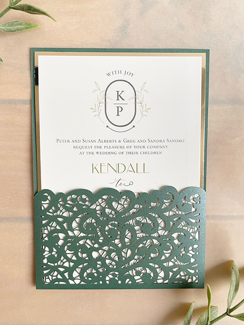 Invitation lc164: Gold Mirror - Emerald green lasercut pocket style wedding invitation with a gold chrome matting for the invitation wording card.