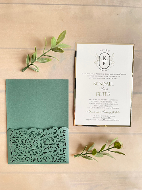 Invitation lc164: Gold Mirror - Emerald green lasercut pocket style wedding invitation with a gold chrome matting for the invitation wording card.
