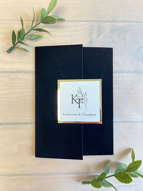 Invitation lc166: Black Velvet, Gold Mirror, Cream Smooth - A luxurious black velvet wedding invitation that opens into a three fold card with a pocket to hold your reply cards and details cards.