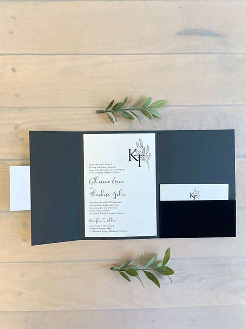 Invitation lc166: Black Velvet, Gold Mirror, Cream Smooth - A luxurious black velvet wedding invitation that opens into a three fold card with a pocket to hold your reply cards and details cards.