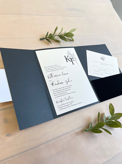 Invitation lc166: Black Velvet, Gold Mirror, Cream Smooth - A luxurious black velvet wedding invitation that opens into a three fold card with a pocket to hold your reply cards and details cards.