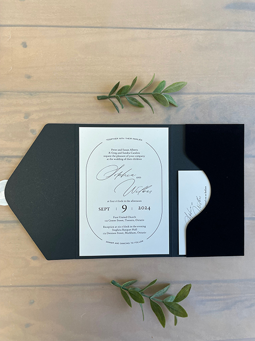 Invitation lc167: Black Velvet, Cream Smooth, Ivory Wax - An elegant black velvet pocket fold wedding invitation with an envelope V flap finished with an ivory wax seal.