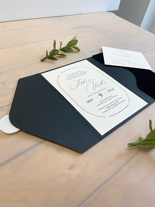 Invitation lc167: Black Velvet, Cream Smooth, Ivory Wax - An elegant black velvet pocket fold wedding invitation with an envelope V flap finished with an ivory wax seal.