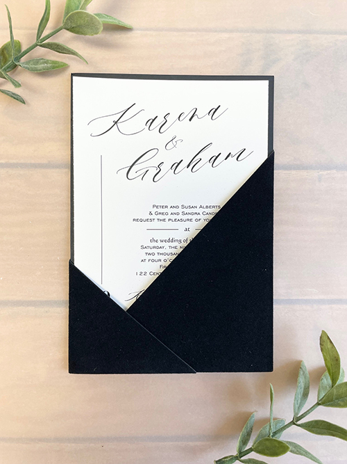 Invitation lc168: Black Velvet, Cream Smooth - This is a clean and modern single pocket invite using a luxurious black velvet material.