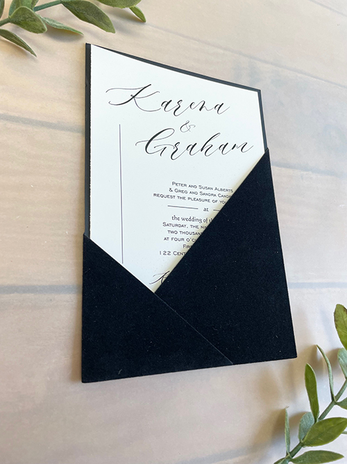 Invitation lc168: Black Velvet, Cream Smooth - This is a clean and modern single pocket invite using a luxurious black velvet material.