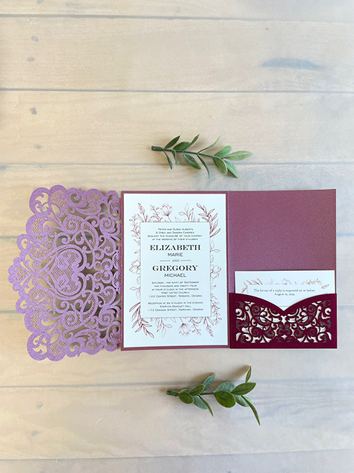 Invitation lc170: Burgundy Velvet, Cream Smooth - This burgundy velvet pocketfold invitation opens into a three fold card with a pocket on the right and the invitation wording in the center.