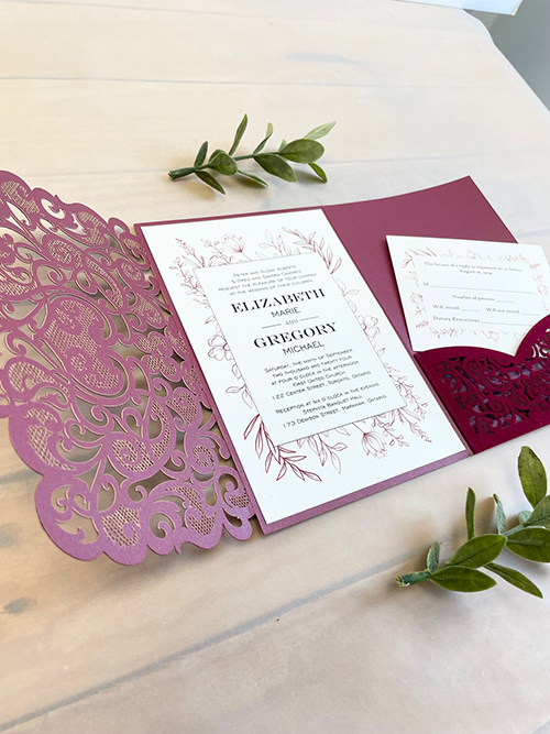Invitation lc170: Burgundy Velvet, Cream Smooth - This burgundy velvet pocketfold invitation opens into a three fold card with a pocket on the right and the invitation wording in the center.