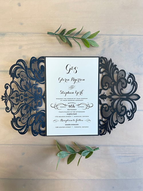 Invitation lc171: Glittering Black, Cream Smooth - This rectangular lasercut opens left and right with the main invitation card in the middle.