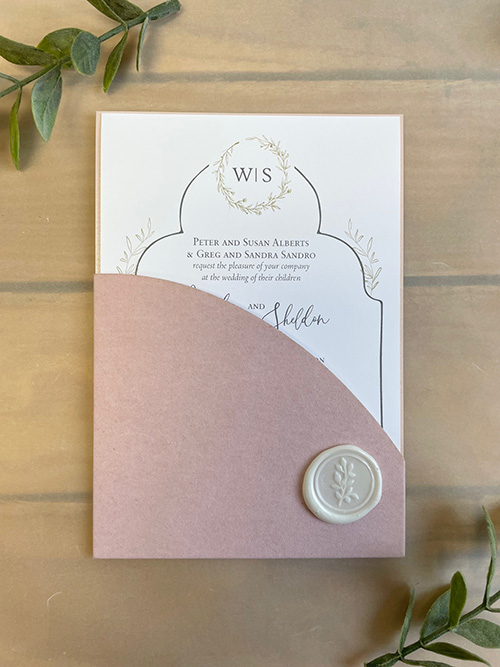 Invitation lc172: Blush Velvet, White Smooth, Ivory Wax - Contemporary pink velvet single pocket with an ivory wax seal.