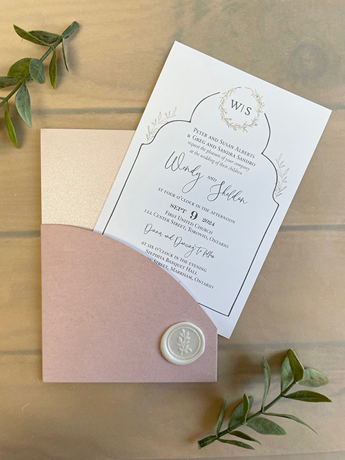 Invitation lc172: Blush Velvet, White Smooth, Ivory Wax - Contemporary pink velvet single pocket with an ivory wax seal.