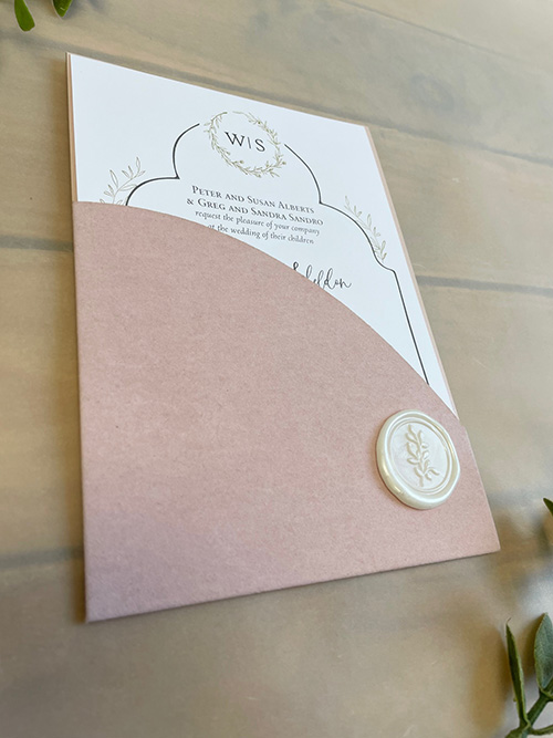 Invitation lc172: Blush Velvet, White Smooth, Ivory Wax - Contemporary pink velvet single pocket with an ivory wax seal.