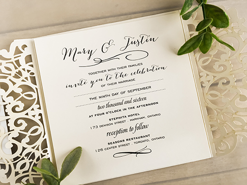 Invitation lc33: Ivory Shimmer, Buttermilk Pearl, Cream Smooth - This is a gate fold laser cut wedding card in ivory shimmer.  There is 2 layers on the cover tag in buttermilk pearl and champagne glitter.