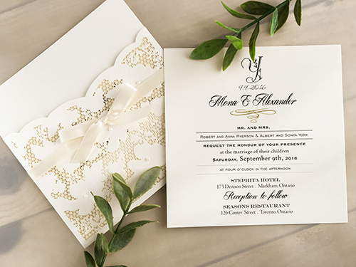 Invitation lc34: White, Cream Smooth, Antique Ribbon - This is a pocket style laser cut wedding card.  The insert is loose.  There is a 3/8 antique ribbon bow.