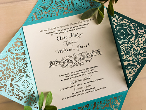 Invitation lc49: Tiffany Shimmer, Gold Dust, Cream Smooth, Brooch/Buckle Pearl (Single) - This is a tiffany shimmer four flap laser cut wedding card.  There is a gold dust layered cover tag.