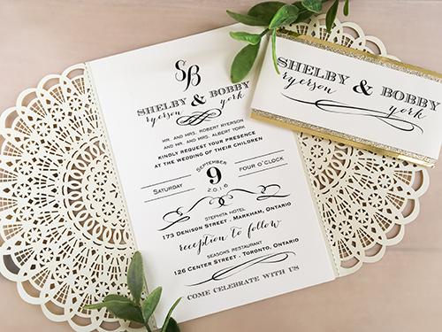 Invitation lc54: This is a cream shimmer fan style laser cut wedding invite.  There is a double layered belly band wrapped around with champagne glitter and gold mirror.