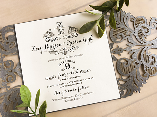 Invitation lc73: Grey Shimmer, Silver Mirror, Cream Smooth - This is a grey shimmer damask pattern gate fold laser cut wedding invite.  There is a silver mirror layered cover tag.