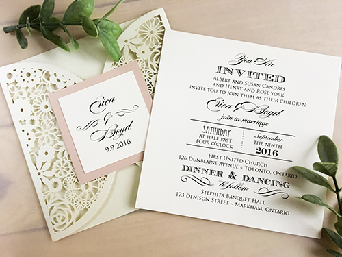 Invitation lc84: Cream Shimmer, Blush Pearl, Cream Smooth - This is a cream shimmer laser cut circle cut gate wedding invitation.  There is a blush pearl cover tag.
