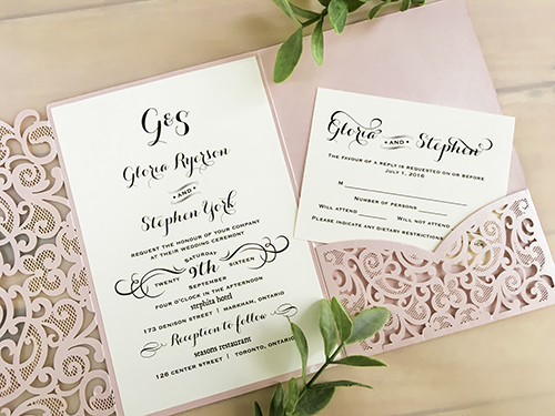 Invitation lc94: Blush Shimmer, Cream Smooth - This is a blush shimmer laser cut invitation with a heart design on the cover flap.  Classic style layout is glued to the middle.