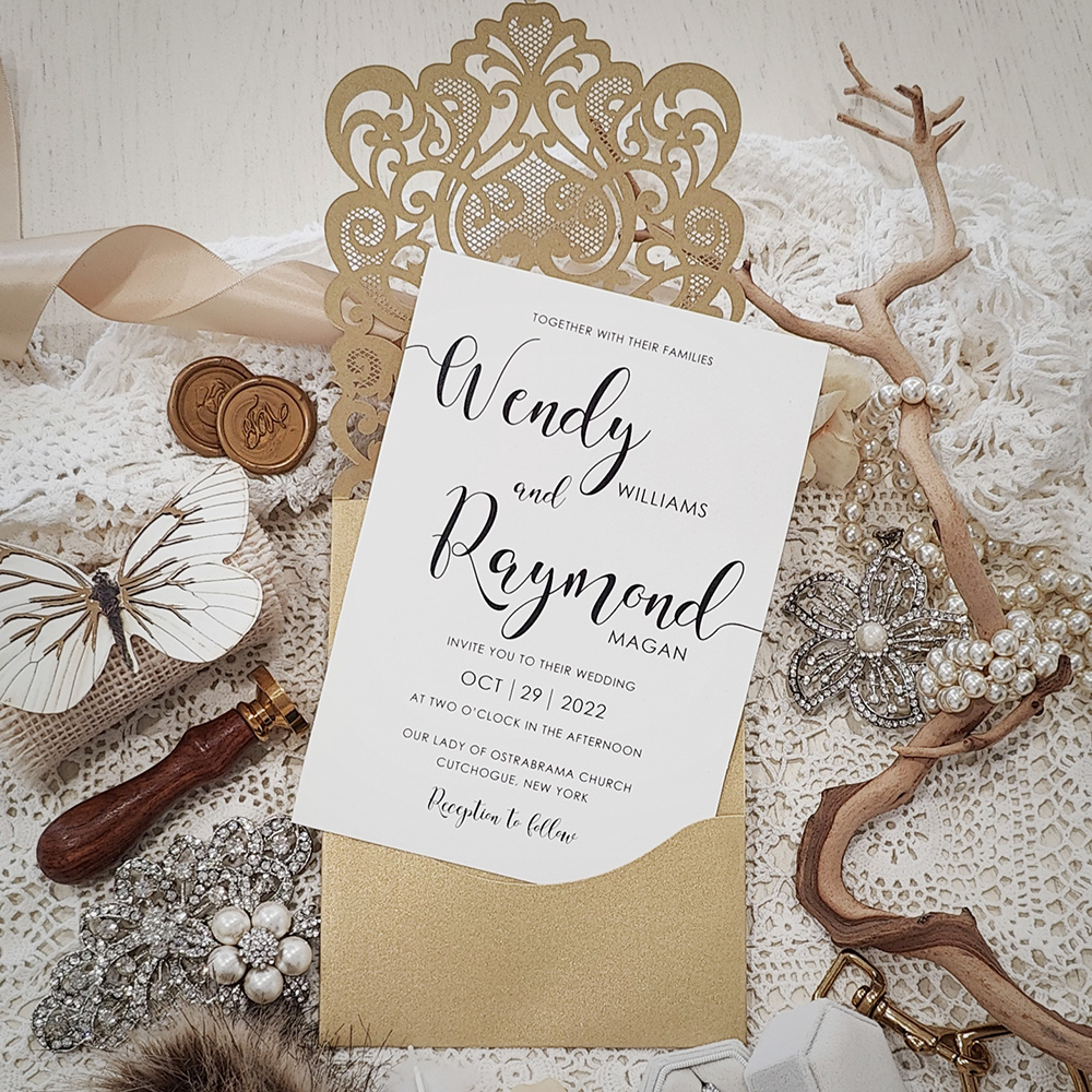 Invitation 8013: Metallic Gold, Champagne Glitter, Cream Smooth - gold pocketstyle lasercut with band backed with glitter