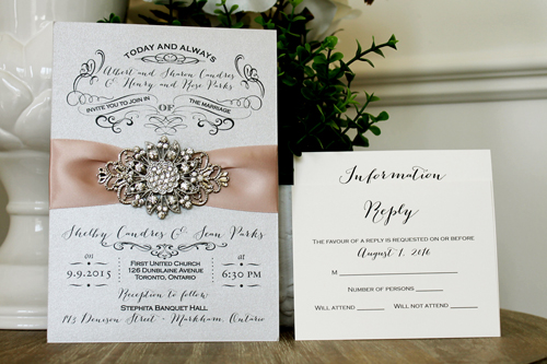 Invitation 1301: Silver Ore, Deep Blush Ribbon, Brooch/Buckle A11, Metal Filigree F4 - Silver - Silver Card with a deep blush and brooch design