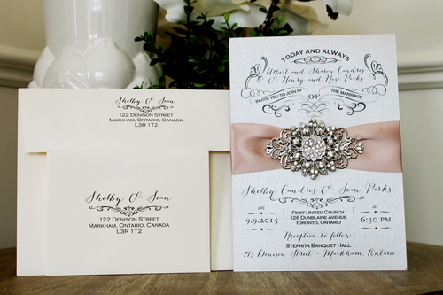 Invitation 1301: Silver Ore, Deep Blush Ribbon, Brooch/Buckle A11, Metal Filigree F4 - Silver - Silver Card with a deep blush and brooch design