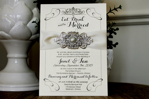Invitation 1303: White Gold, Antique Ribbon, Brooch/Buckle Q, Metal Filigree F4 - Silver - Neutral off white card with an antique ribbon and brooch design