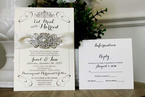 Invitation 1303: White Gold, Antique Ribbon, Brooch/Buckle Q, Metal Filigree F4 - Silver - Neutral off white card with an antique ribbon and brooch design