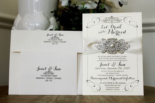 Invitation 1303: White Gold, Antique Ribbon, Brooch/Buckle Q, Metal Filigree F4 - Silver - Neutral off white card with an antique ribbon and brooch design