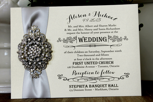 Invitation 1304: White Gold, Silver Ribbon, Brooch/Buckle A20, Metal Filigree F4 - Silver - White Gold paper design with a silver ribbon and brooch combo design