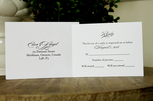 Invitation 1305: Orchid Pearl, Periwinkle Ribbon, Brooch/Buckle A11, Metal Filigree F5 - Silver - Orchid pearl paper with a periwinkle ribbon and brooch design