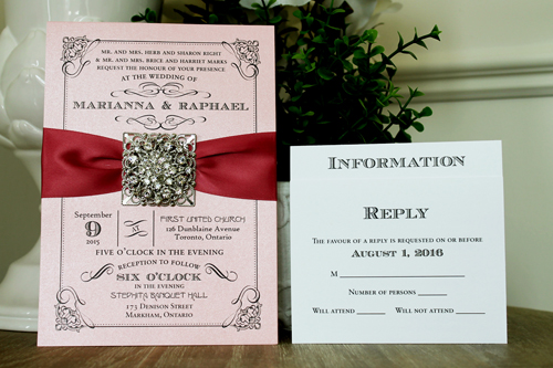 Invitation 1306: Pink Pearl, Dusty Rose Ribbon, Brooch/Buckle X, Metal Filigree F5 - Silver - Pink pearl paper with a dusty rose red ribbon and brooch desgin