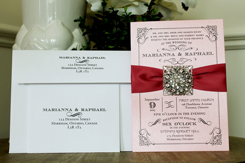 Invitation 1306: Pink Pearl, Dusty Rose Ribbon, Brooch/Buckle X, Metal Filigree F5 - Silver - Pink pearl paper with a dusty rose red ribbon and brooch desgin