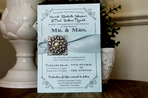 Invitation 1307: Blue Aspire Pearl, Icy Blue Ribbon, Brooch/Buckle A6, Metal Filigree F5 - Silver - Blue aspire pearl paper with a icy blue ribbon and brooch desgin