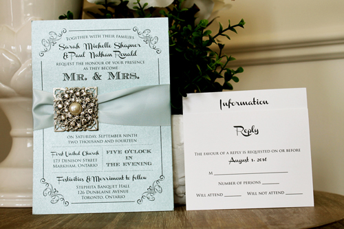 Invitation 1307: Blue Aspire Pearl, Icy Blue Ribbon, Brooch/Buckle A6, Metal Filigree F5 - Silver - Blue aspire pearl paper with a icy blue ribbon and brooch desgin