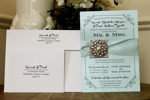 Invitation 1307: Blue Aspire Pearl, Icy Blue Ribbon, Brooch/Buckle A6, Metal Filigree F5 - Silver - Blue aspire pearl paper with a icy blue ribbon and brooch desgin