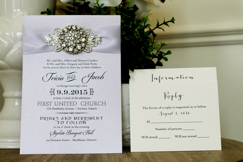 Invitation 1308: Orchid Pearl, Lilac Mist Ribbon, Brooch/Buckle X, Metal Filigree F4 - Silver - Orchid pearl paper with a lilac mist ribbon and brooch combo embellishment