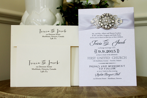 Invitation 1308: Orchid Pearl, Lilac Mist Ribbon, Brooch/Buckle X, Metal Filigree F4 - Silver - Orchid pearl paper with a lilac mist ribbon and brooch combo embellishment