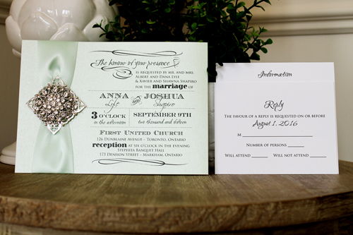 Invitation 1309: Honeydew Pearl, Icy Mint Ribbon, Brooch/Buckle X, Metal Filigree F5 - Silver - Honeydew Pearl paper with a icy mint ribbon and brooch detail