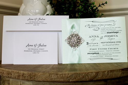 Invitation 1309: Honeydew Pearl, Icy Mint Ribbon, Brooch/Buckle X, Metal Filigree F5 - Silver - Honeydew Pearl paper with a icy mint ribbon and brooch detail